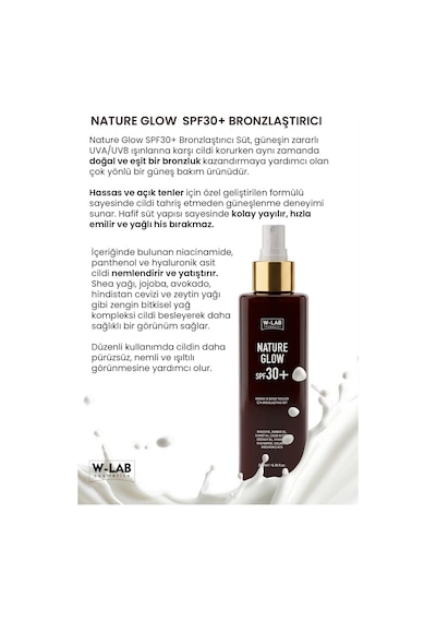 W-lab Cosmetics Nature Glow Spf30+ Hassas Ve Beyaz Ten İçin Bronzlaştırıcı Süt 200 Ml
