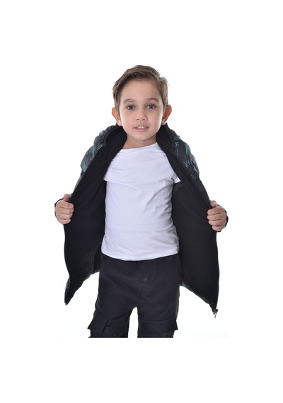 First Steps Erkek Çocuk Siyah Yeşil Dijital Desen İçi Polar Su Ve Rüzgar Geçirmez Kapüşonlu Şişme Kışlık Mont Siyah - Yeşil