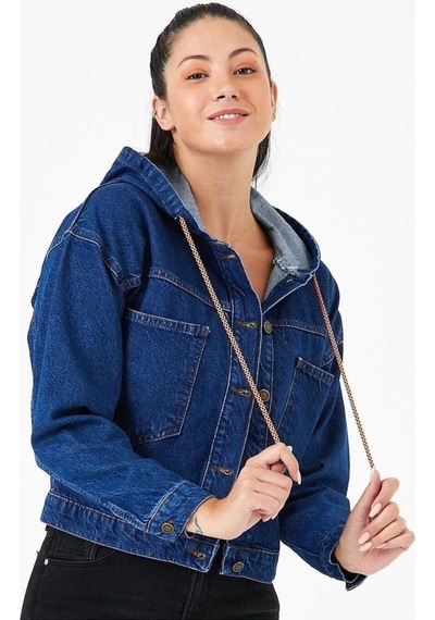 7004-kps Kadın Kapüşonlu Düğmeli Jeans Denim Kot Ceket Mavi