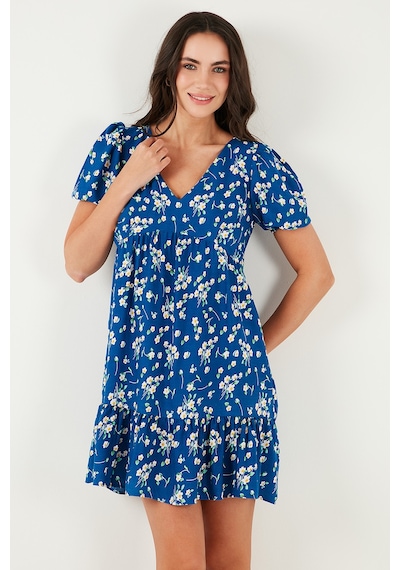 Lela Regular Fit V Yaka Balon Kol Desenli Mini Bayan Elbise 67810045 Koyu Mavi