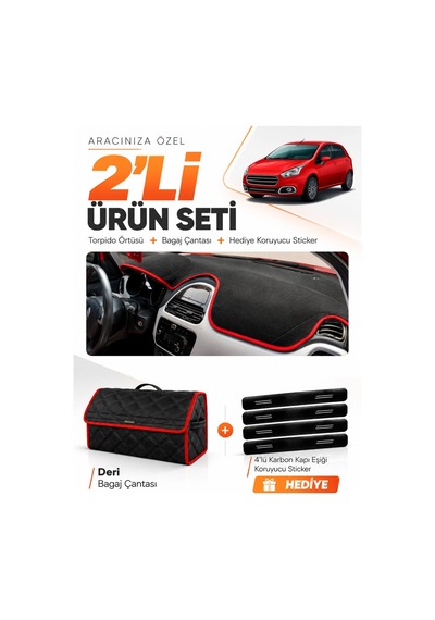 Fıat Punto Evo 2015-2021 Uyumlu Torpido Örtüsü + Deri Bagaj Çantası + Sticker Seti - Siyah Kırmızı