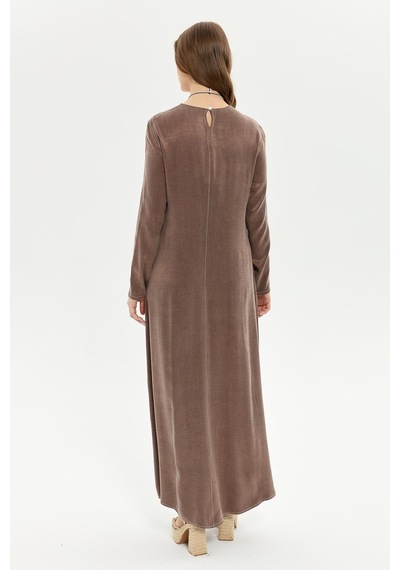 Müsemma Uzun Kol Maxi Elbise - Minimalist, Günlük, Doğal Kumaş Kahve