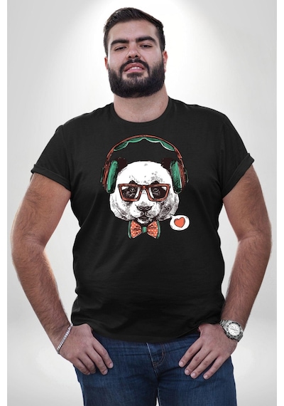 Angemiel Kulaklıklı Hipster Portre Panda Siyah Büyük Beden Erkek Kadın Unisex Basic Ön Baskılı Tişört Siyah