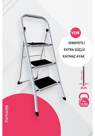 Portalife 3 Basamaklı Beyaz Çelik Şık Merdiven 101-150cm Arası