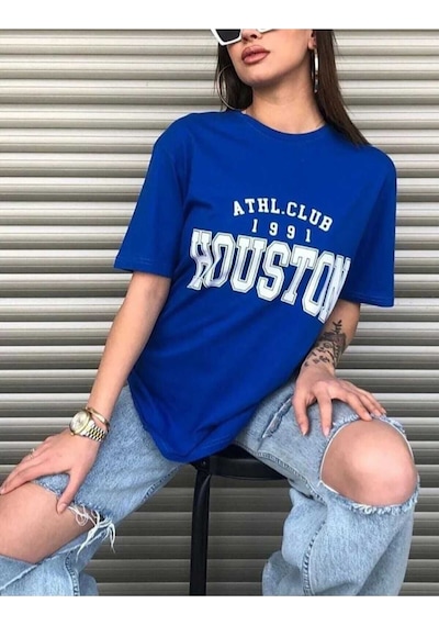 Kozia Outdoors Malkoçbey Houston Baskılı Oversize Unisex Basic T-şihirt Saks Mavi Saks Mavisi