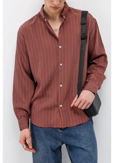 Vamos Çizgili Lyocell Kumaş Oversize Gömlek Bordo