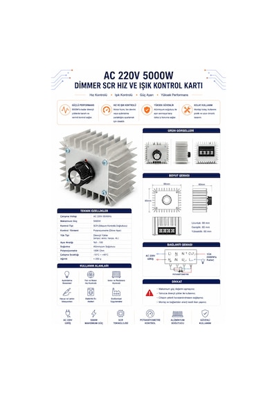 Ac 220v 5000w Dimmer - Scr Hız Ve Işık Kontrol Kartı