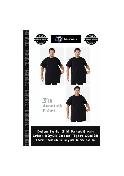 Terrien Delux Serisi 3'lü Paket Siyah Erkek Büyük Beden Tişört Günlük Tarz Pamuklu Giyim Kısa Kollu Siyah-3