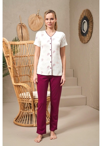 Pjs 25144 Kadın V Yaka Düğmeli Baskılı Kısa Kollu Pijama Takım 001