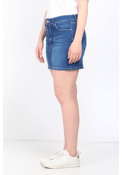 Blue White Kadın Jean Kısa Etek Koyu Mavi L