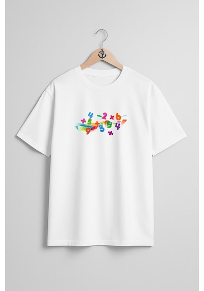 Bahriyeli Collection Oversize Matematik Sayılar Numbers Göğüs Tasarımlı Unisex T-shirt Beyaz