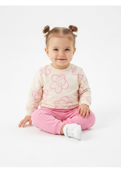 HelloBaby Pamuklu Çiçek Detaylı 2li Kız Bebek Takım Pembe