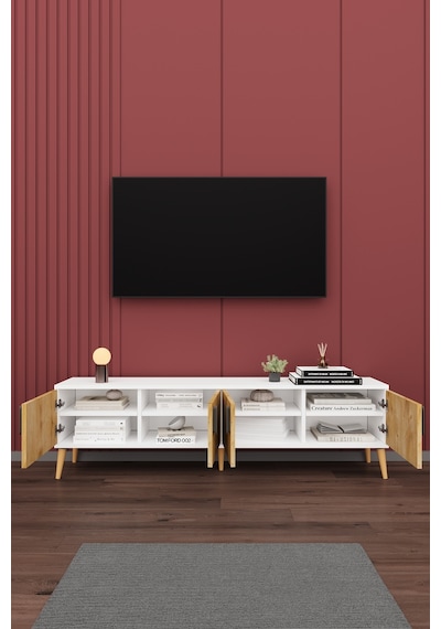 Asra Trend Tv Ünitesi T-02 %100 MDF 160 cm Tv Sehpası 4 Kapaklı Raflı Beyaz-Safir Meşe