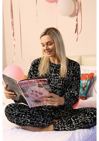 Akbeniz Kadın Uzun Kol 3 İplik Penye Pijama Takım 4180 - L Siyah