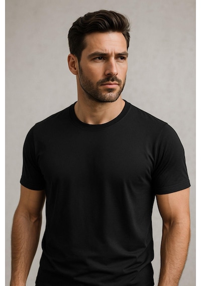 Rich Erkek %100 Pamuk Slim Fit Tişört Basic Bisiklet Yaka Kısa Kollu T-shirt SIYAH