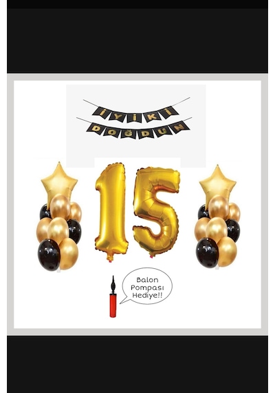 15 Yaş - Altın Gold Folyo Balon Parti Seti + Balon Pompası