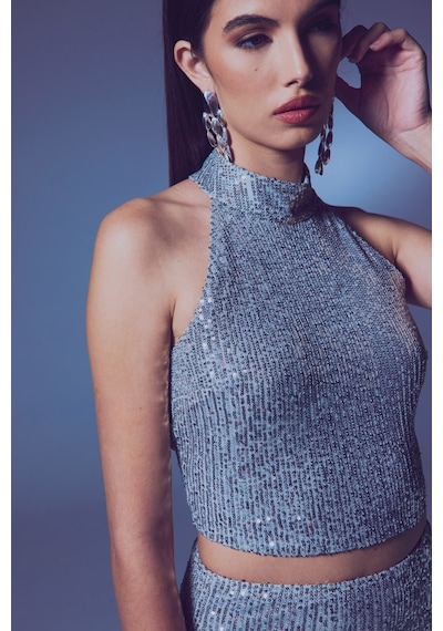 Sateen Kolsuz Payetli Bluz - Gümüş-134123