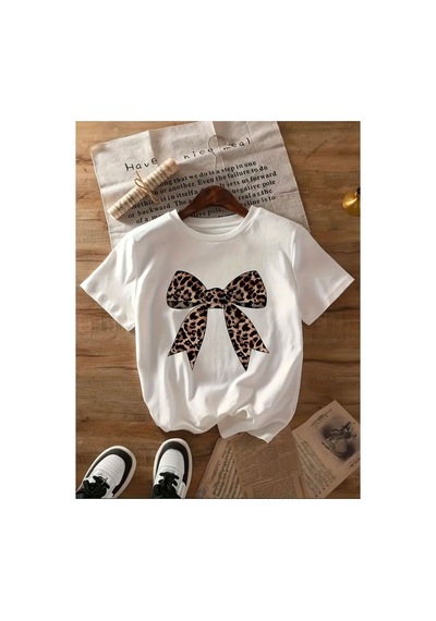 Medinenur Leopar Desenli Kurdele Detaylı Basic T-shirt Beyaz