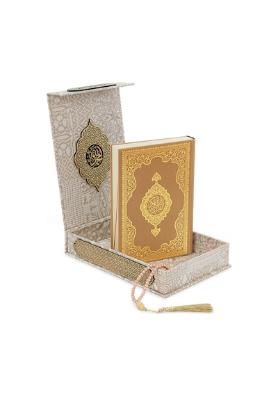 Gold Antik Taşlama Plaketli Orta Boy Kuranı Kerim Ve Tesbih Kutusu - Bej