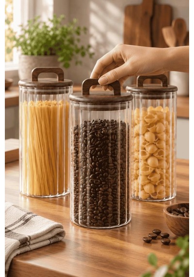 Atbyhome 3'lü Akasya Ahşap Kapaklı Çizgili Cam Kavanoz Seti 1250 Ml - Vakumlu Erzak Bakliyat Kabı Ahşap - Şeffaf