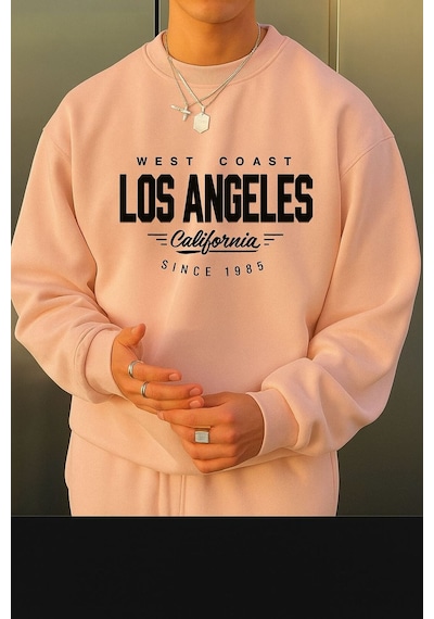 Benroma 3 İplik Penye Los Angeles Baskılı Unisex Sweatshırt Pembe