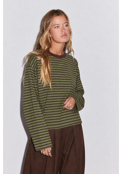 Hiccup Bıpantolon Kadın Oversize Çizgili Bisiklet Yaka Sweatshirt Yeşil