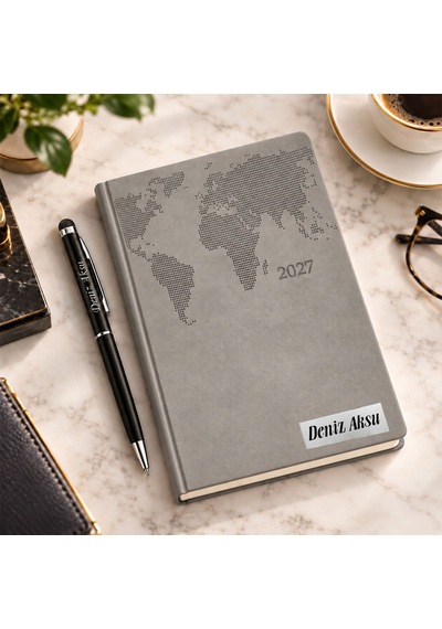 Bk Gift Kişiye Özel 378 Termo Deri Tarihli Ajanda & Siyah Touch Pen Tükenmez Kalem-17 Gri