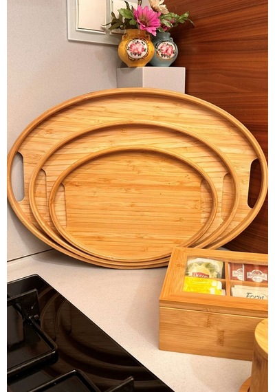 Makri Home Bambu Oval 3'lü Tepsi Seti. Küçük Tepsi: 20x29 Cm. Orta Tepsi: 26x36 Cm. Büyük Tepsi: 31x45 Cm Ahşap