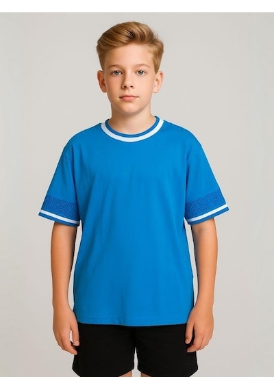 Çocuk Yaka Nervürlü Pamuklu Oversize Kalıp T-shirt-16023 Mavi