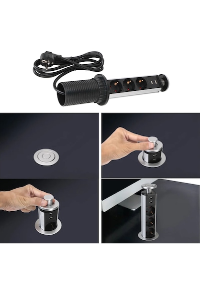 Manuel Asansörlü Gizlenebilir Gömme Grup Priz 16a 1.8 Mt Kablolu 2 Usb Li 3 Lü Grup Priz 60mm 1.8 M
