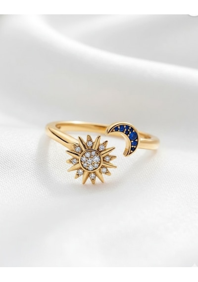 Çekirdekjewelry 925 Ayar Gümüş Ayarlanabilir Ay & Güneş Yüzük Sarı