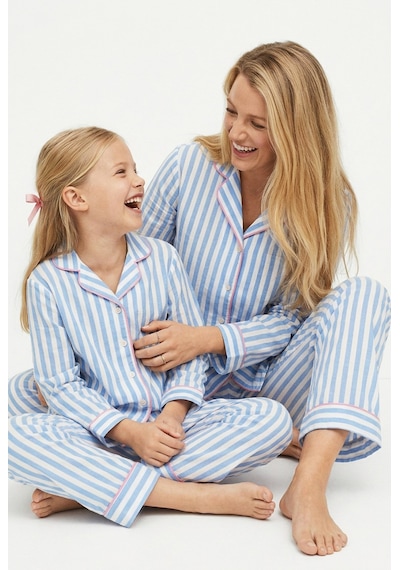 Siyah İnci Mavi Beyaz Çizgili Düğmeli Biyeli Örme Pijama Takım