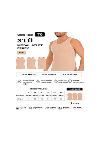 Yıldız Çamaşır Erkek Modal Likralı Askılı Atlet 70-71-72-73-74 - 3 Adet Ten