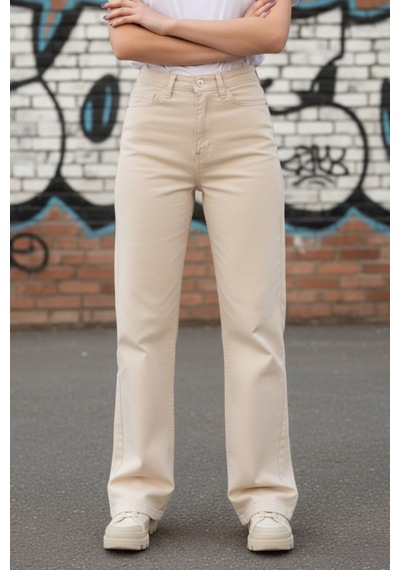 Woddi Heaven Kadın Yüksek Bel Krem Salaş Wide Leg Jeans Geniş Paça Palazzo Kot Pantolon