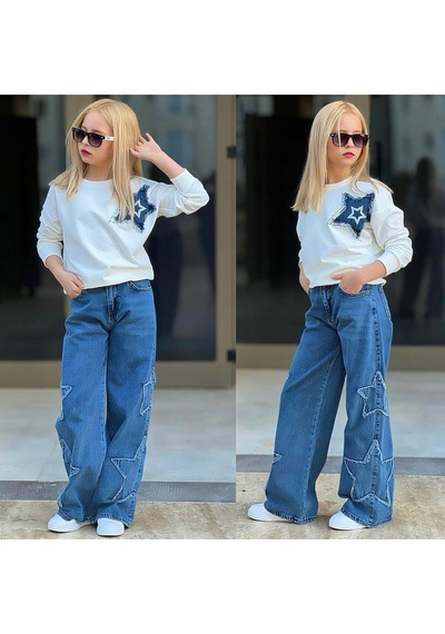 My Kids Wear Kız Çocuk 2 Li Sweatshirt & Kot Pantolon Takımı Yıldız Detaylı 12491 Açik Mavi