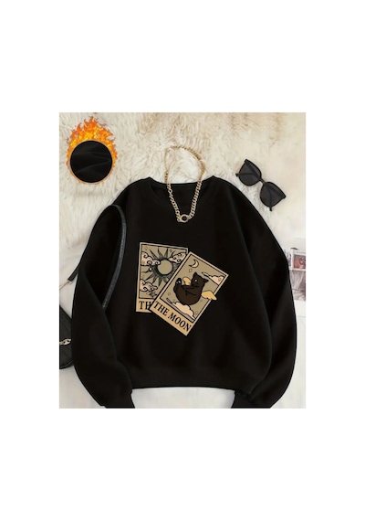 Herkesemoda The Moon Baskı Detaylı Bisiklet Yaka Sweatshirt Siyah
