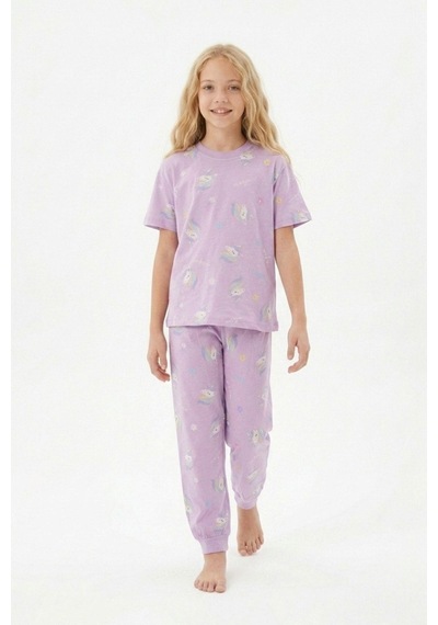 Zuzunga Unicorn Desenli Kısa Kollu Pamuk Kız Çocuğu Pijama Takımı Lila