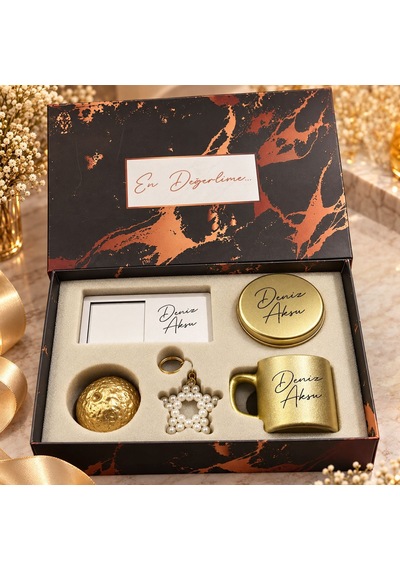 Bk Gift Kişiye Özel İsimli Gold Kahve Fincanı & Mum & Mdf Altlıklı Dekor & Anahtarlık - Hediye Kutulu Gold Set-1
