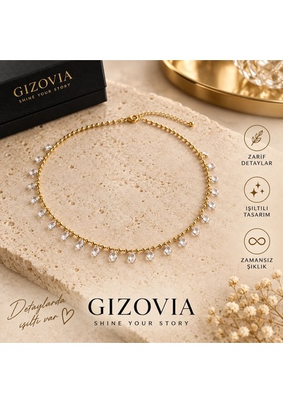 Gizovia Gold Renk Şeffaf Damla Taşlı Sallantılı Kadın Kolye Altın