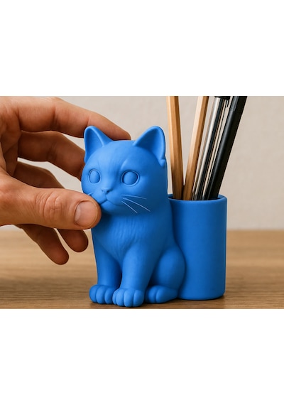 3d Baskı Kedi Figürlü Kalemlik - Masaüstü Organizer - Mavi Çok Renkli