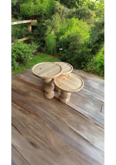 Wood Ahşap 3 Lü Set Fitilli Mantar Yan Sehpa Modern Fiskos / Naturel Renk / Zigon Sehpa Vernikli Naturel