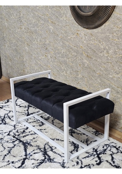 Zafir Beyaz Boyalı Metal 80 Cm Puf Bench - Antre Puf - Hol Bench - Puf - Oturak - Bench Siyah