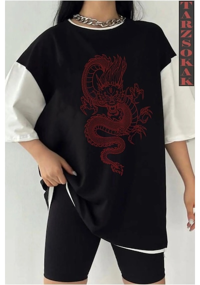 Siyah Oversize Çift Renk Ejderha Baskılı Unisex Tshirt Beyaz