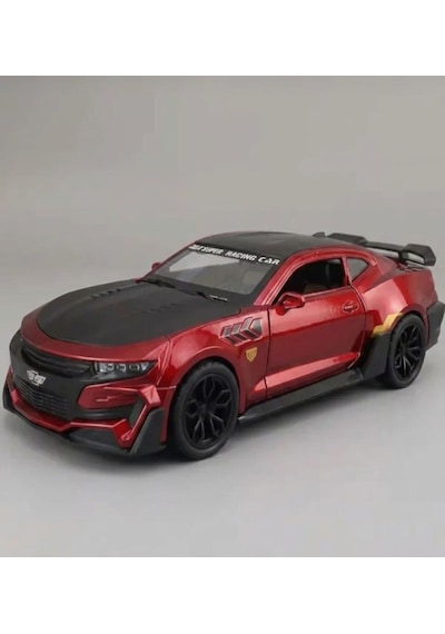 Işıklı Sesli Pilli 1:24 Ölçekli Metal Chevrolet Camaro Kapısı Kaputu Ve Bagajı Açılan Model Araba Kırmızı