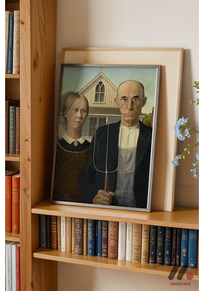 Grant Wood American Gothic, Siyah Çerçeveli Duvar Tablosu - Sanatsever Hediyesi