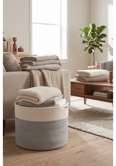 Villadia Home Textile Hasır Sepet Çok Amaçlı Çamaşır Oyuncak Battaniye Kıyafet Depolama Sepeti Dekoratif Organizer 3209sepet
