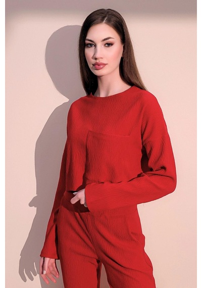 WeShaya Kadın Kırmızı Uzun Kol Kendinden Dokulu Cepli Crop Sweatshirt, Salaş Kesim Bluz Kırmızı