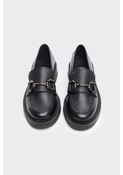 Derinet Tokalı Kadın Hakiki Deri Loafer Siyah Siyah