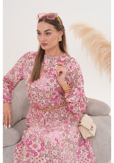 Polologin Butik Çiçekli Viskon Elbise Pembe