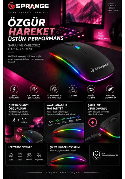 Rgb Işıklı Şarj Edilebilir Çift Modlu Kablosuz Mouse Bluetooth + 2.4ghz Wireless Sr-m1 Siyah Diğer